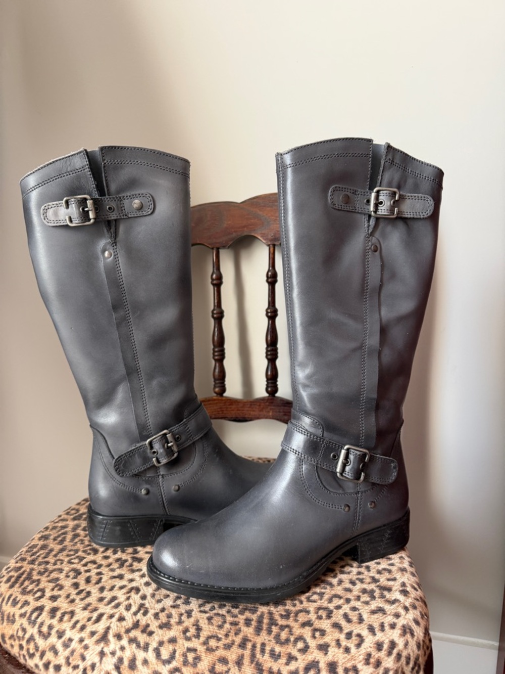 Eric Michael Black Leather Knee-High Buckle Boots